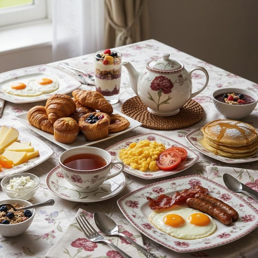 Assorted breakfast spread with eggs, pastries, pancakes, and tea on a floral tablecloth near a window.