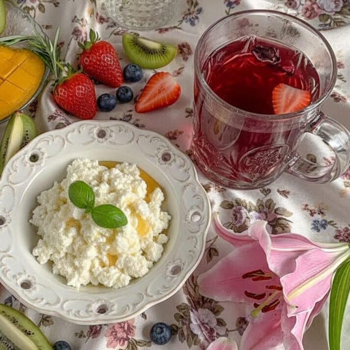 Cottage cheese with honey, fresh berries, and, tea, styled with pink lilies on a floral tablecloth.