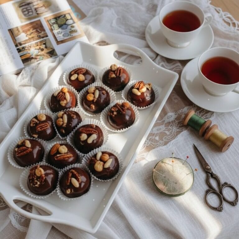 Tray of chocolate desserts topped with nuts alongside two cups of tea on a lace tablecloth setting.