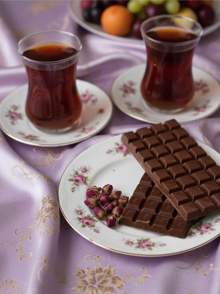 Elegant tea setting with chocolate bars and rosebuds on floral plates over a purple cloth.