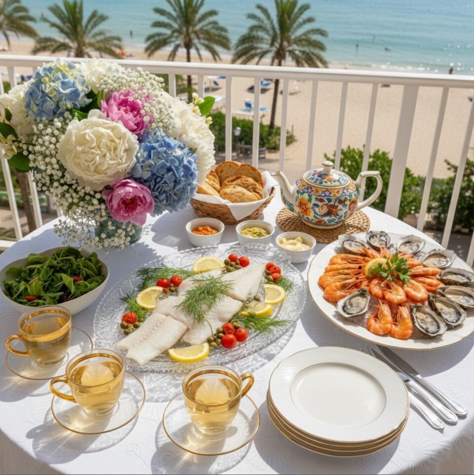 Elegant seaside dining setup with seafood platter and tea, overlooking beach and palm trees.