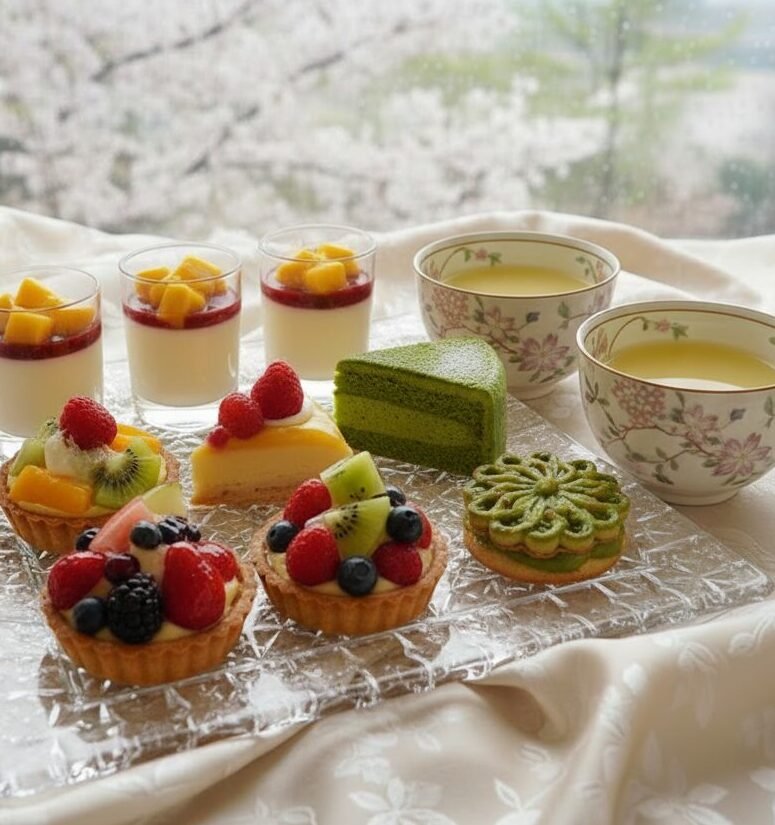 Assorted desserts and tea with a scenic cherry blossom view in the background.