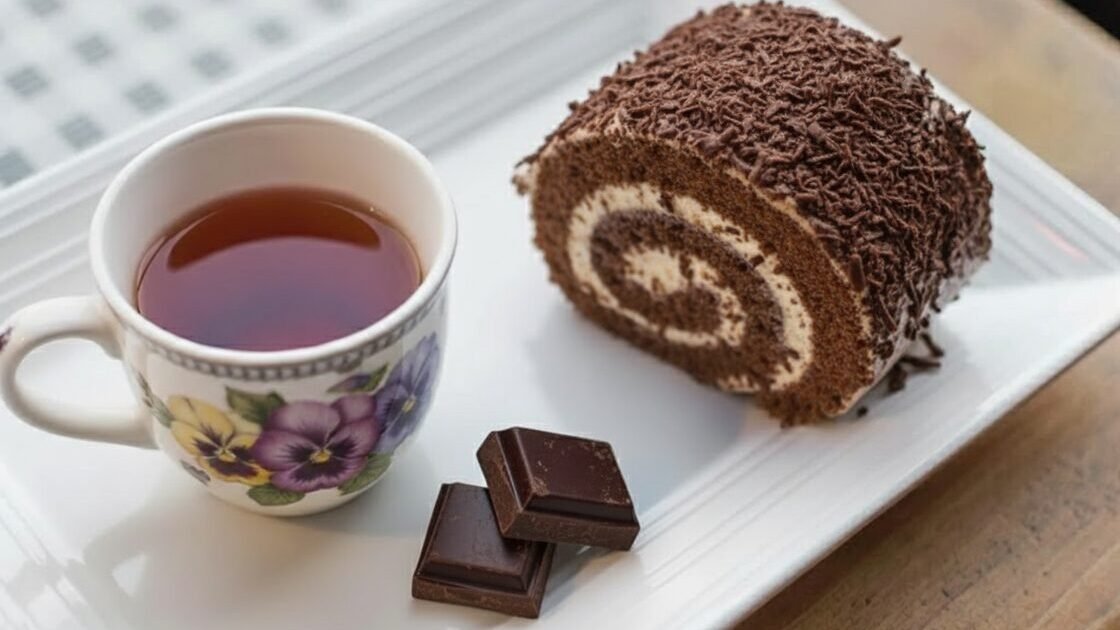 Cup of tea with a chocolate Swiss roll and dark chocolate pieces on a white plate.