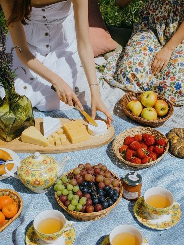 Outdoor picnic with fruit, cheese, and tea on a blue blanket. Vibrant summer spread with apples, grapes, strawberries.