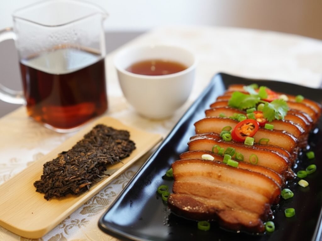 Sliced braised pork with herbs on black plate and tea pairing, featuring ripe Pu-erh tea, in elegant dining setup.
