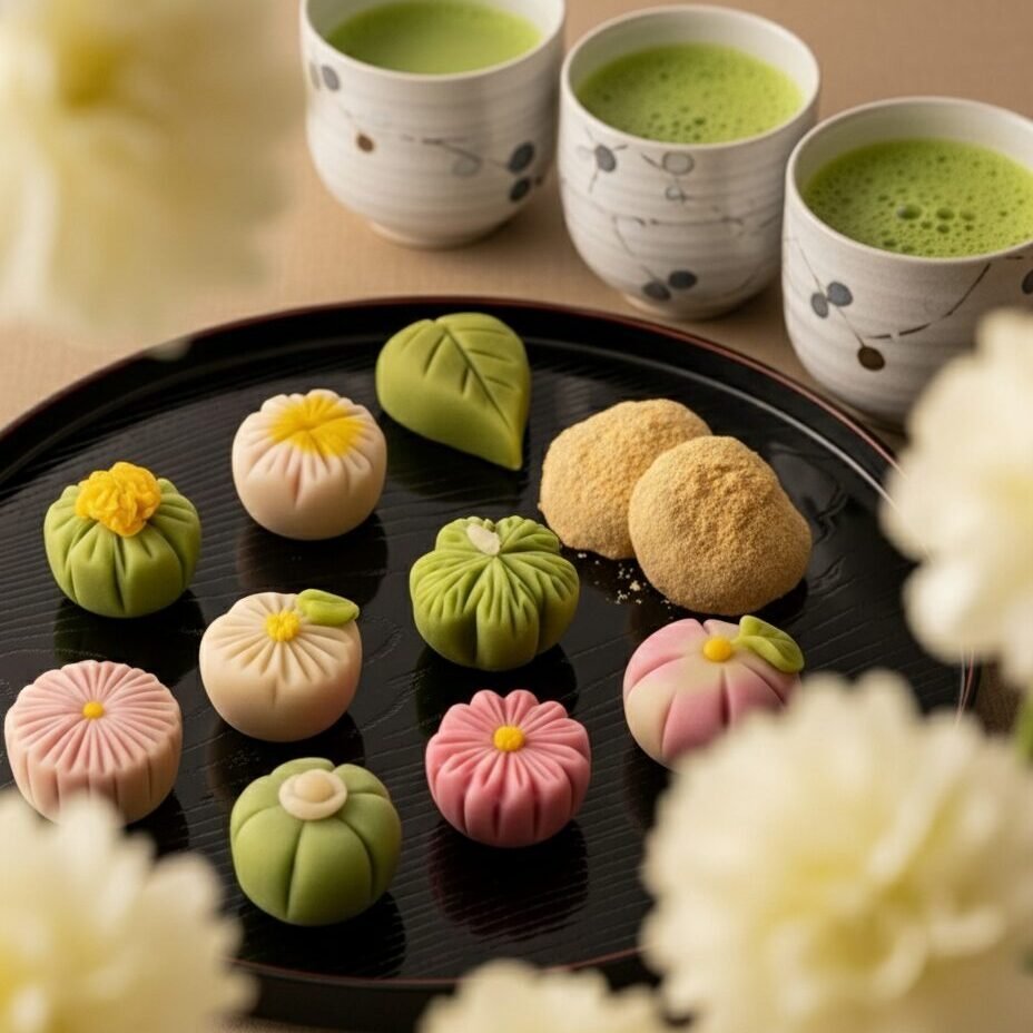 Assorted colorful Japanese wagashi and matcha cups on a tray, surrounded by soft floral decorations.