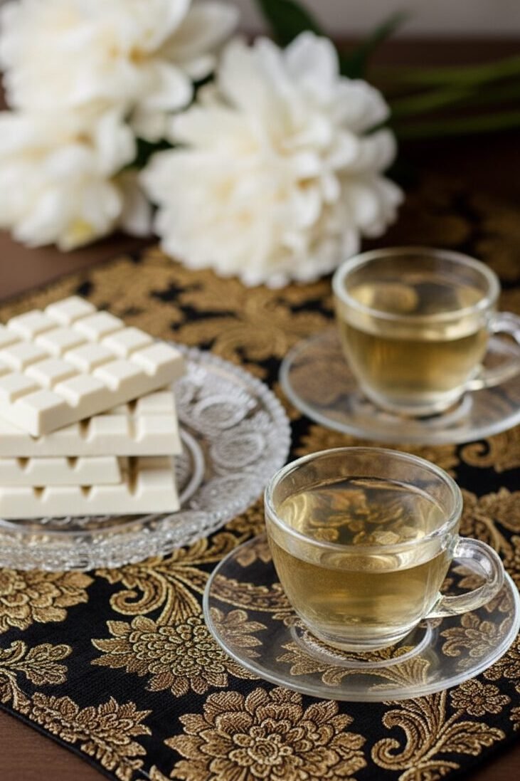 Elegant tea setting with glass teacups, white chocolate, and floral decor on a patterned tablecloth.