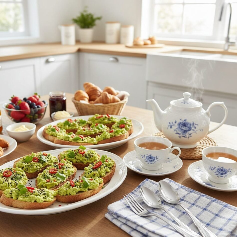 Breakfast spread with avocado toast, fruits, croissants, and tea in a cozy kitchen setting.