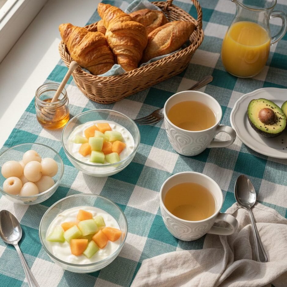 Breakfast spread with croissants, fruit yogurt, tea, avocado, and juice on a checkered tablecloth.