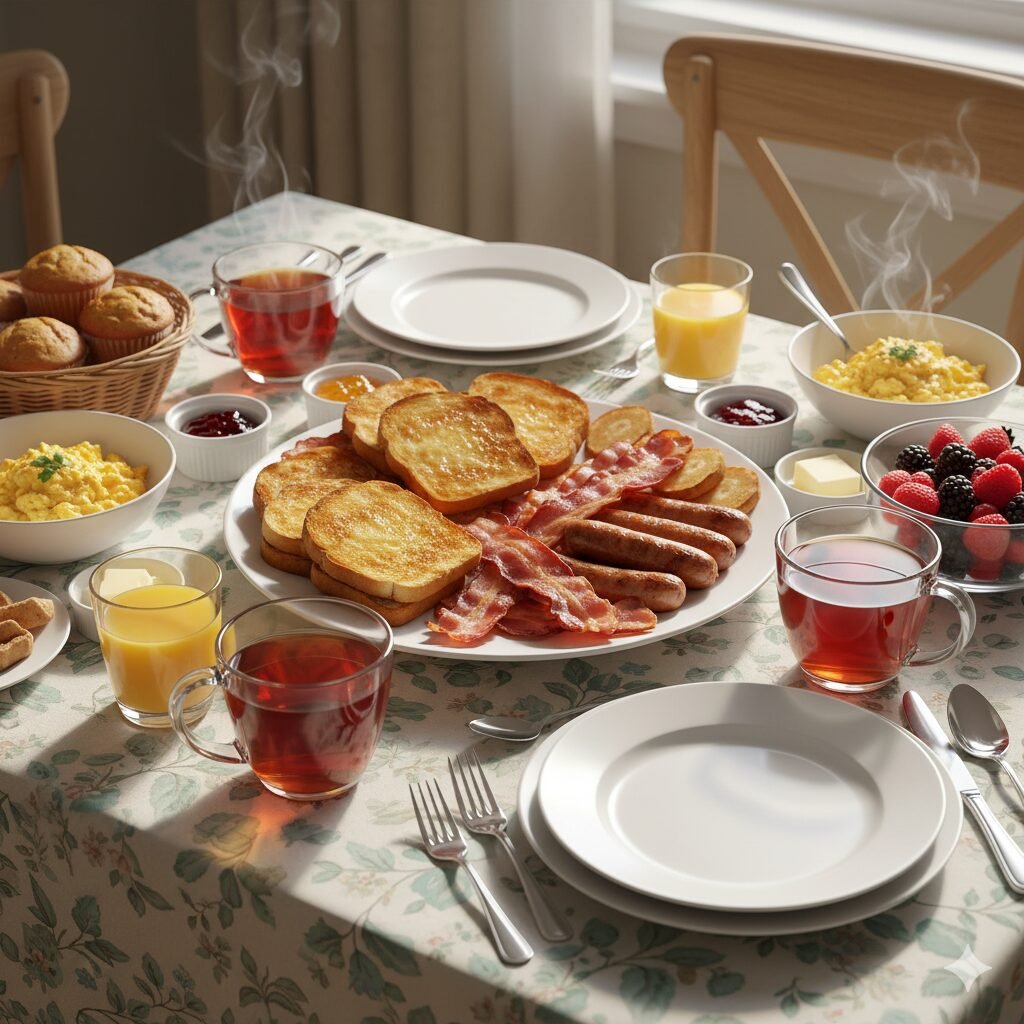 Hearty breakfast spread with toast, bacon, sausages, eggs, muffins, tea, and juice on a floral tablecloth.