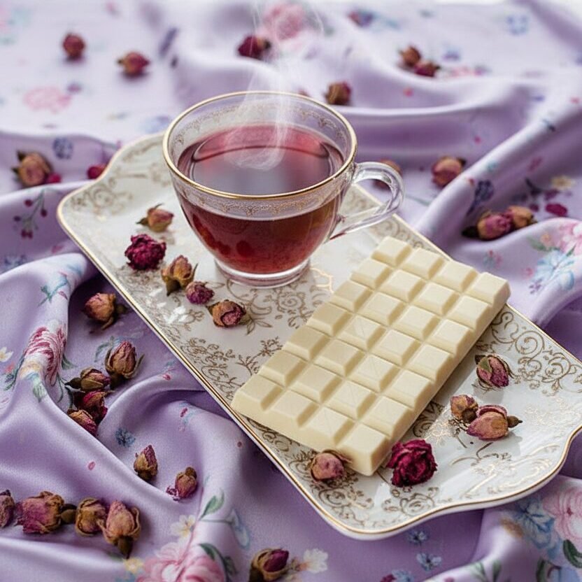 Teacup with herbal tea, white chocolate bar on floral plate, and roses on purple silk cloth. Cozy afternoon delight.