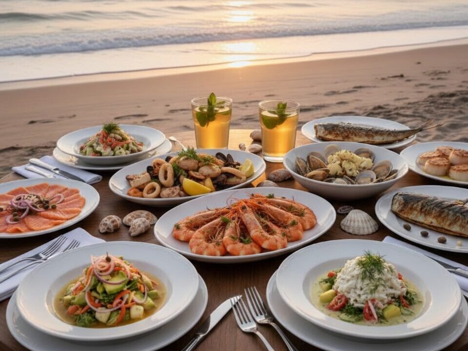 Seafood feast on a beachside table at sunset, featuring shrimp, fish, clams, and salad dishes with drinks.