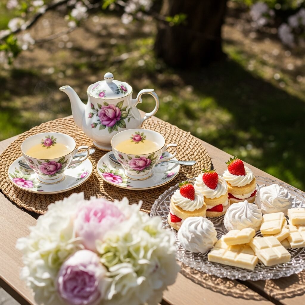 Elegant tea set with floral design, accompanied by strawberry cakes, in a sunny garden setting.