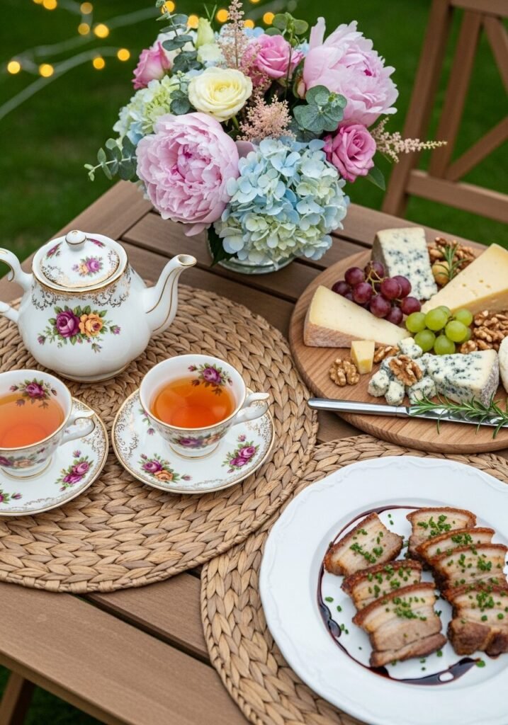 Elegant tea setup with floral teapot, cups, cheese board, flowers, and sliced meat on an outdoor table.