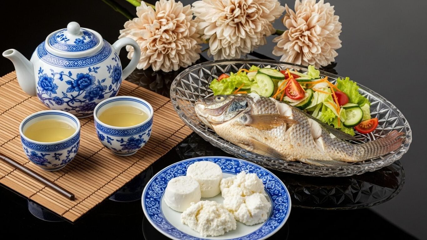 Traditional Asian meal with whole fish, salad, tofu, and green tea in blue floral chinaware.
