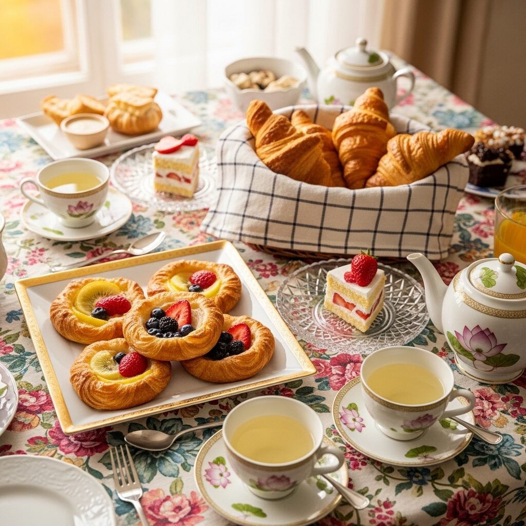 Elegant breakfast table with croissants, fruit pastries, desserts, and tea set on floral tablecloth.