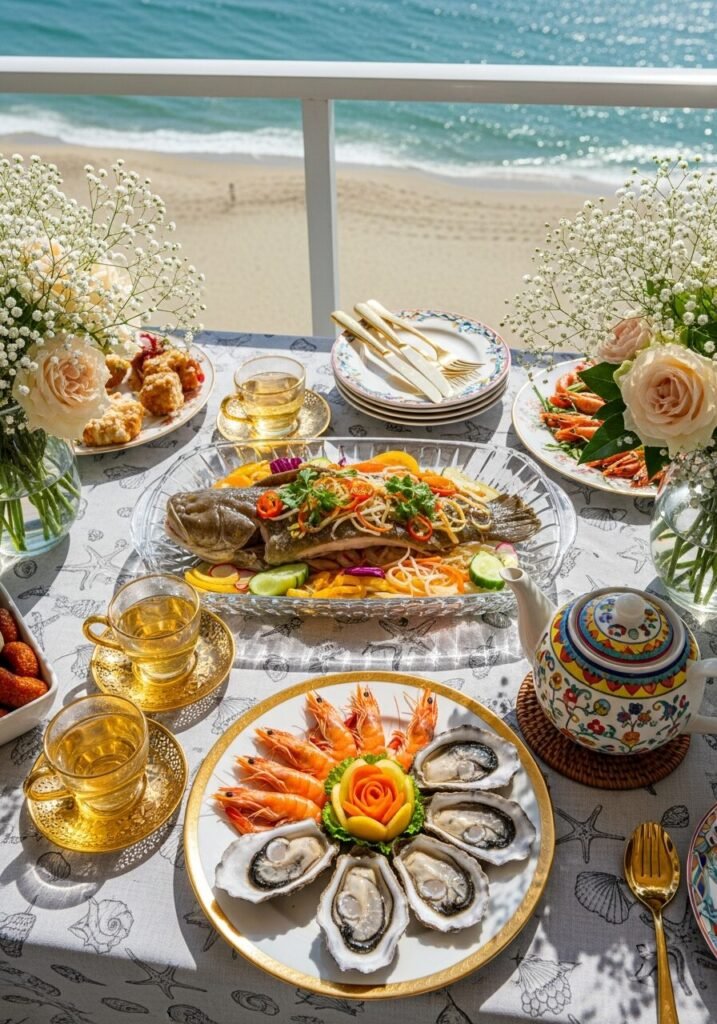 Elegant seafood meal on a balcony overlooking the beach with flowers, tea, and ornate tableware.