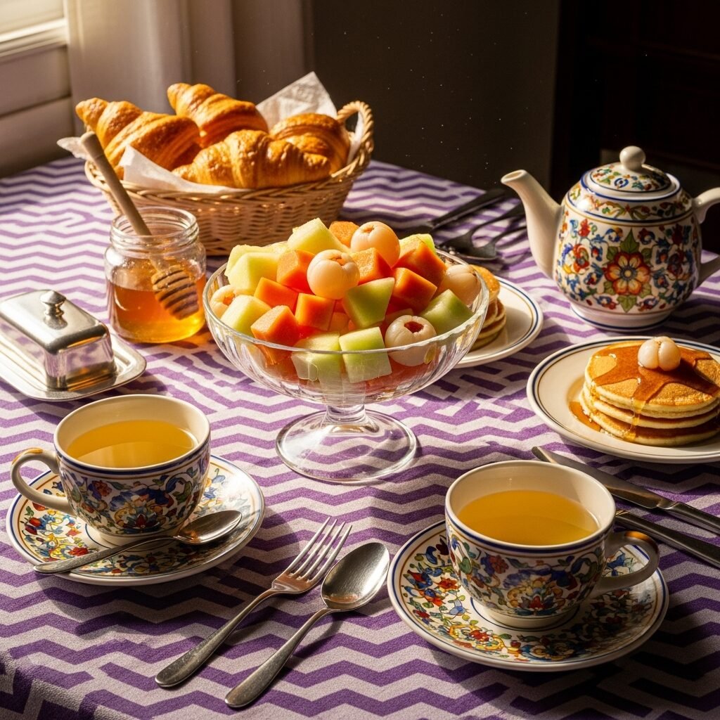Elegant breakfast spread with fruit salad, croissants, honey, pancakes, and tea on a purple patterned tablecloth.