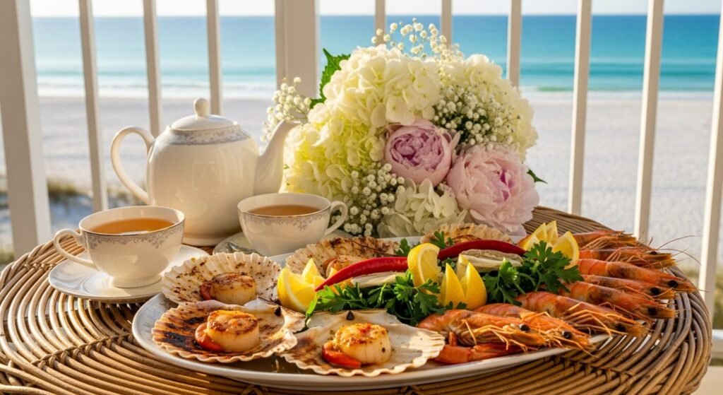 Seafood platter with prawns, scallops, tea, and flowers on a patio overlooking the ocean.