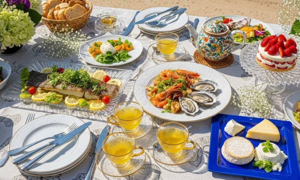 What to Pair White Tea With: Tea Pairing Tips for Ideal Food Combinations Elegant outdoor dining with seafood, salads, cheese, tea, and a strawberry cake on a beautifully set table.