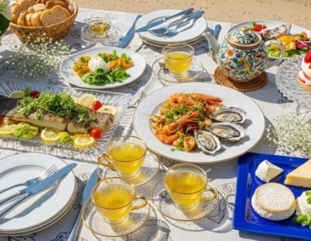 Elegant outdoor dining with seafood, salads, cheese, tea, and a strawberry cake on a beautifully set table.