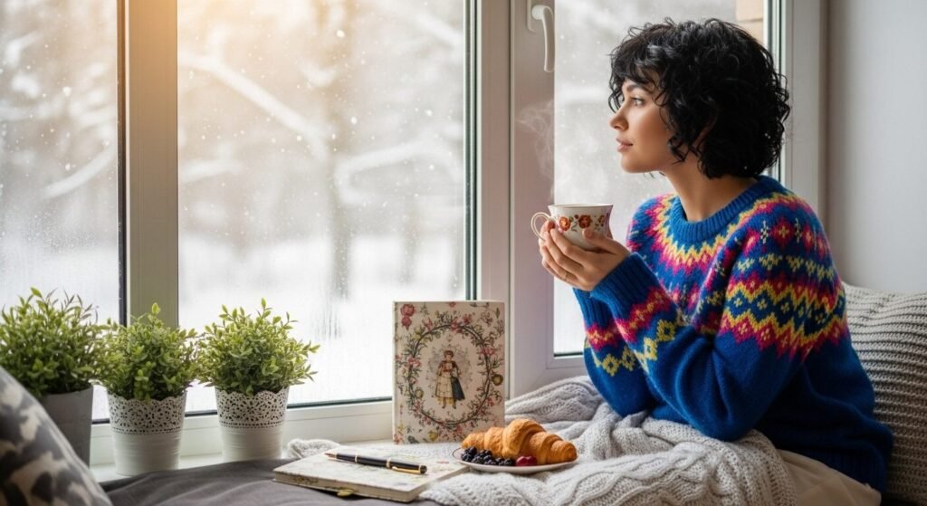 Woman enjoying coffee by a snowy window with a colorful sweater and croissant breakfast. Cozy winter morning scene.