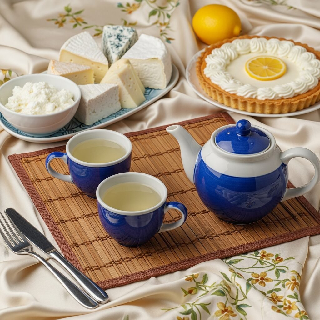 Blue teapot set with cheese platter and lemon tart on elegant fabric background.