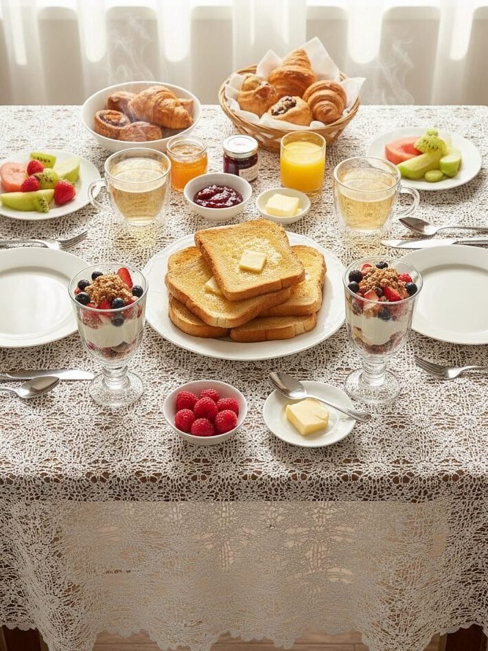 Elegant breakfast spread with toast, fruit, yogurt parfaits, and pastries on a lace-covered table in natural light.