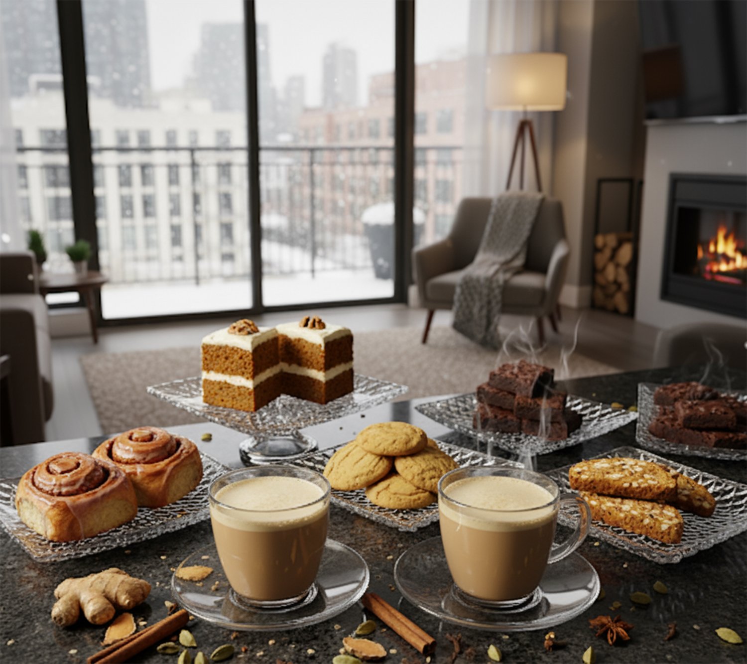 Cozy winter setting with coffee, cake, brownies, cookies, and cinnamon rolls near a fireplace and snowy city view.