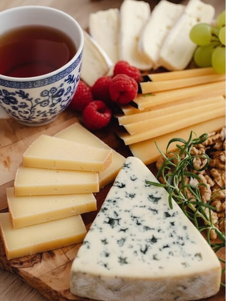 Cheese platter with a variety of cheeses, tea, raspberries, walnuts, and grapes on a wooden board.
