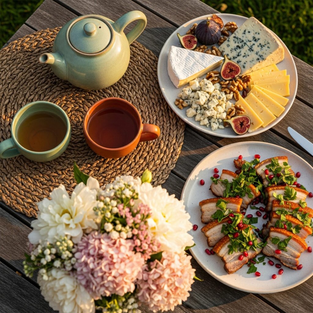Tea set with cheese, figs, and meat platter on an outdoor table with flowers. Cozy autumn picnic setting.