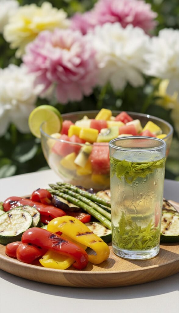 Grilled veggies and fruit salad with a refreshing drink on a sunny table, blurred flowers in the background.