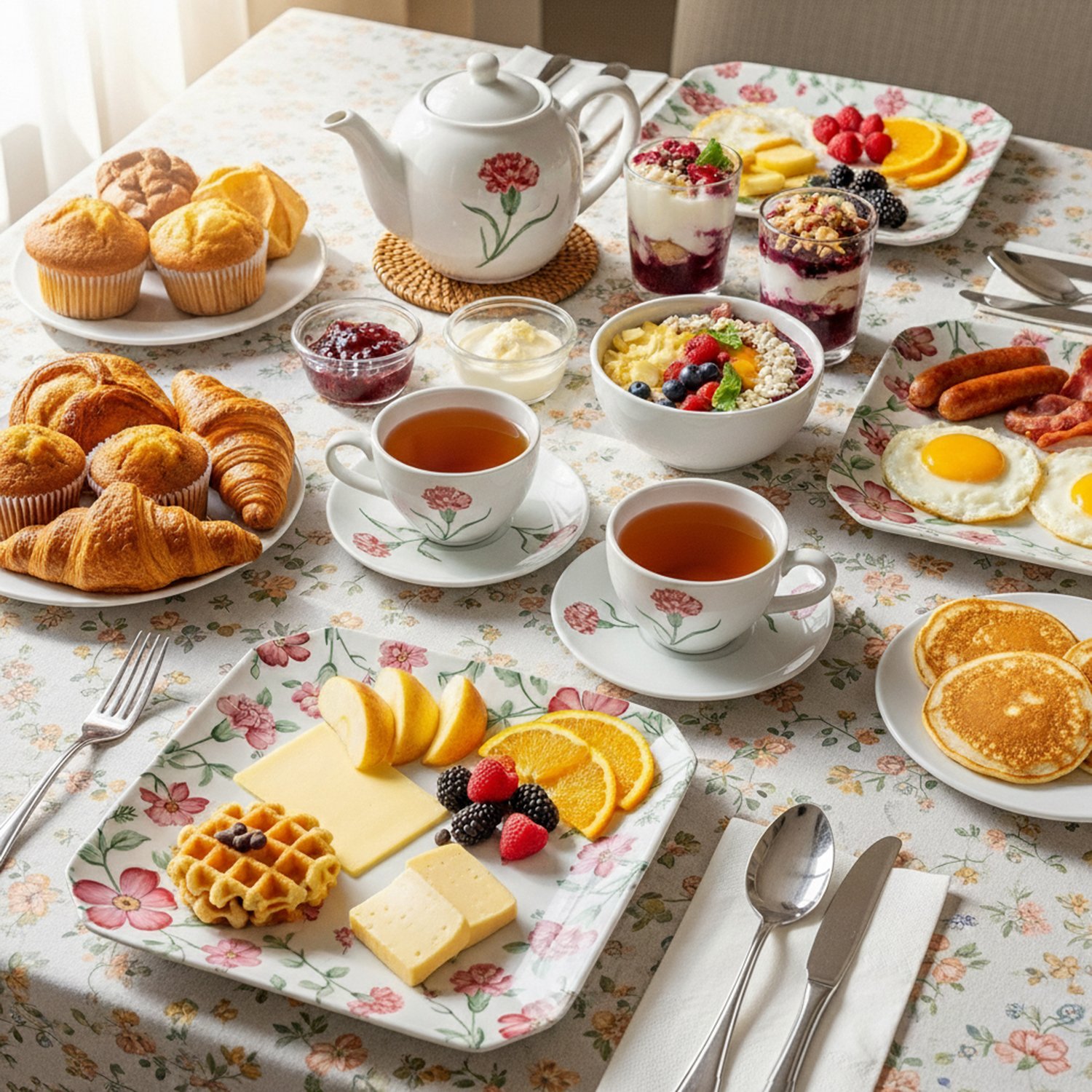 Elegant breakfast spread with tea, pastries, cheese, fruit, yogurt, and eggs on a floral tablecloth.