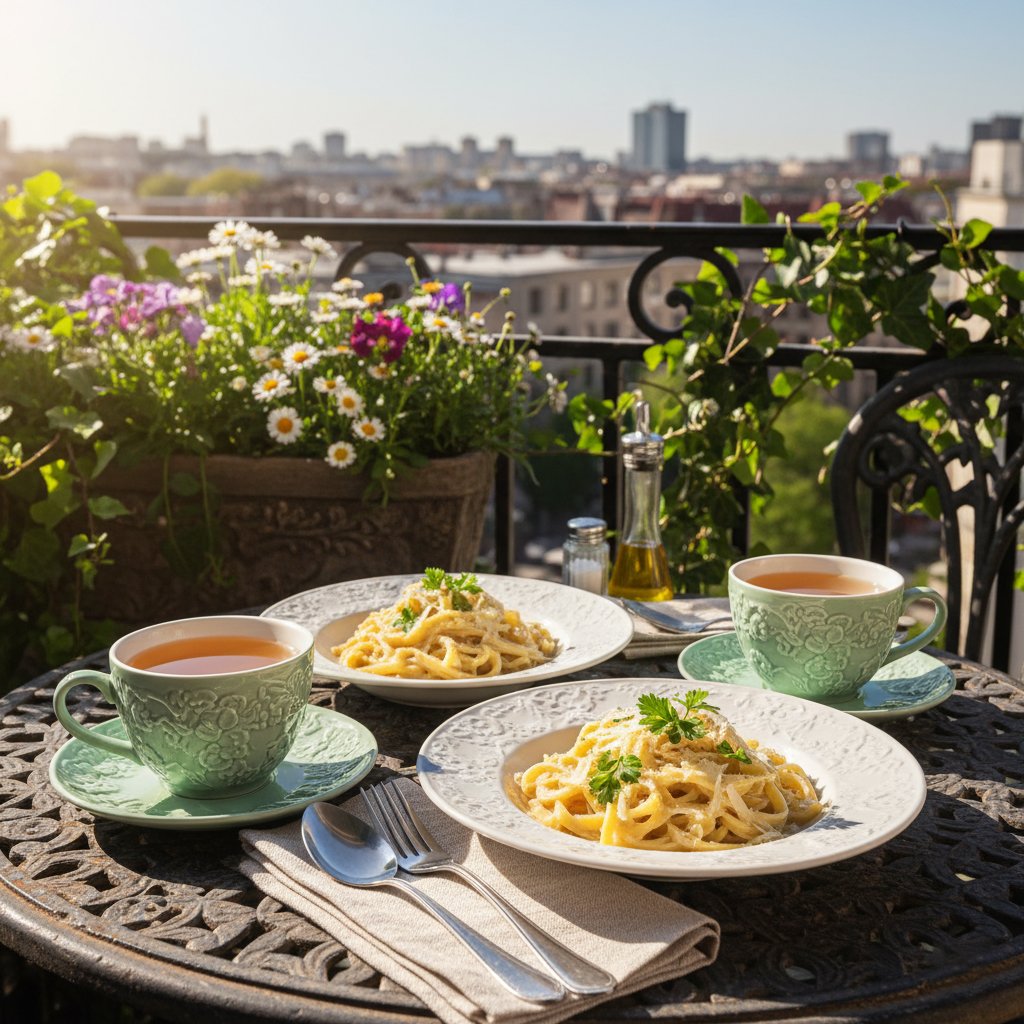 Outdoor brunch with pasta and tea on a balcony, surrounded by flowers and cityscape view.