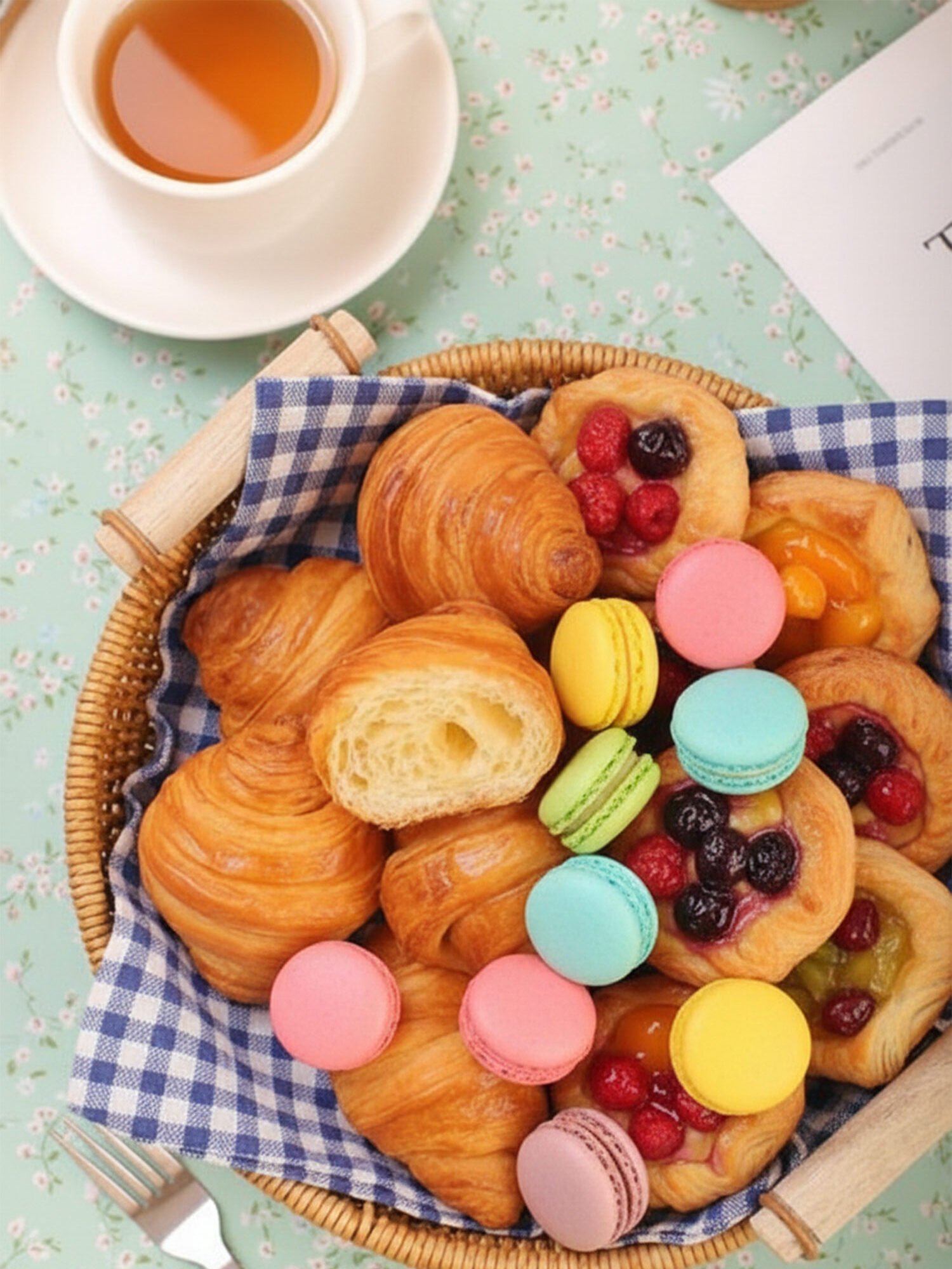 Basket of croissants, colorful macarons, and pastries with berries on checkered cloth, with tea on a floral tablecloth.