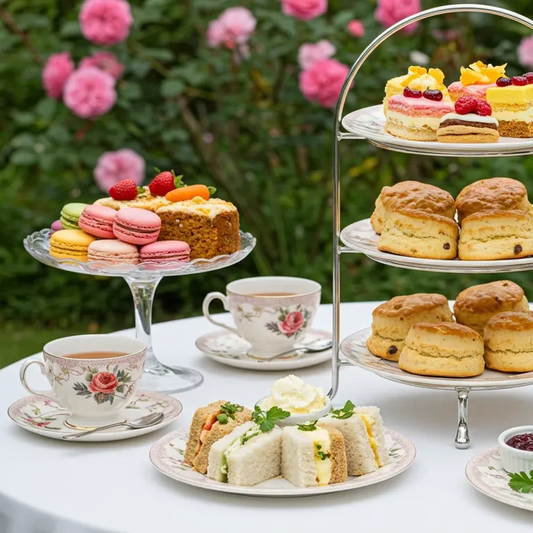 Afternoon tea set with scones, sandwiches, pastries, and tea on a garden table with pink roses in the background.