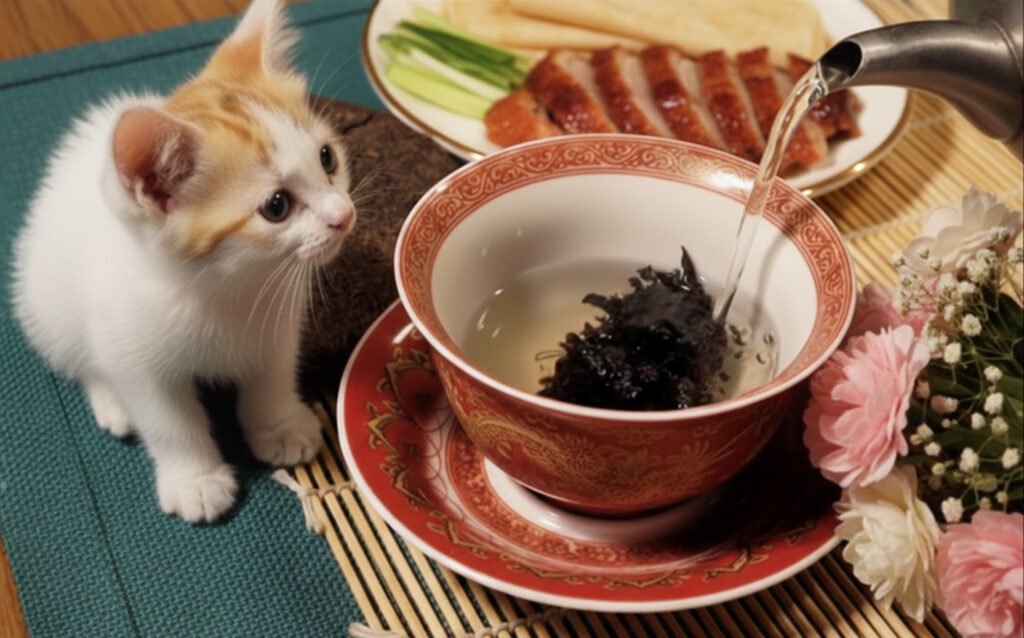 Kitten curiously watches tea being poured beside a plate of food and fresh flowers on a bamboo mat.