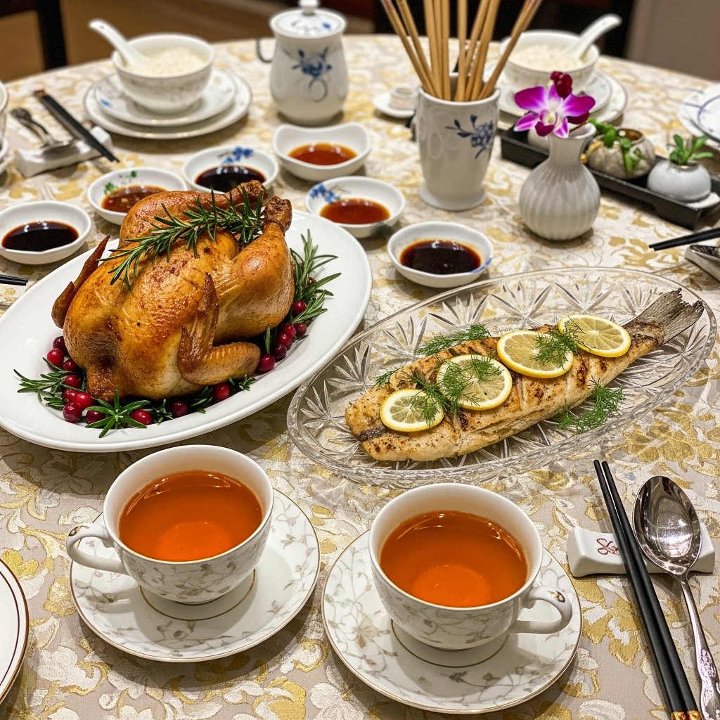 Festive dinner table with roast chicken, garnished fish, sauces, and tea, beautifully set on a floral tablecloth.