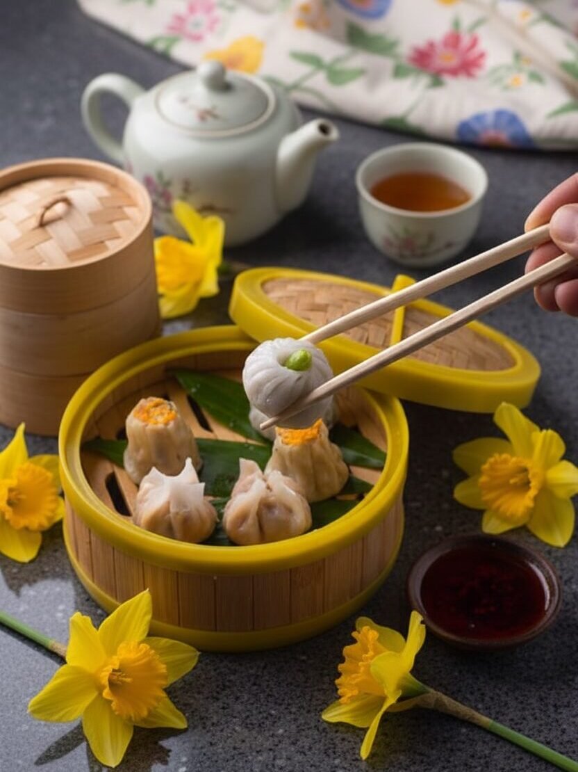 Bamboo steamer with assorted dim sum and tea, surrounded by daffodils on a floral-themed table setting.