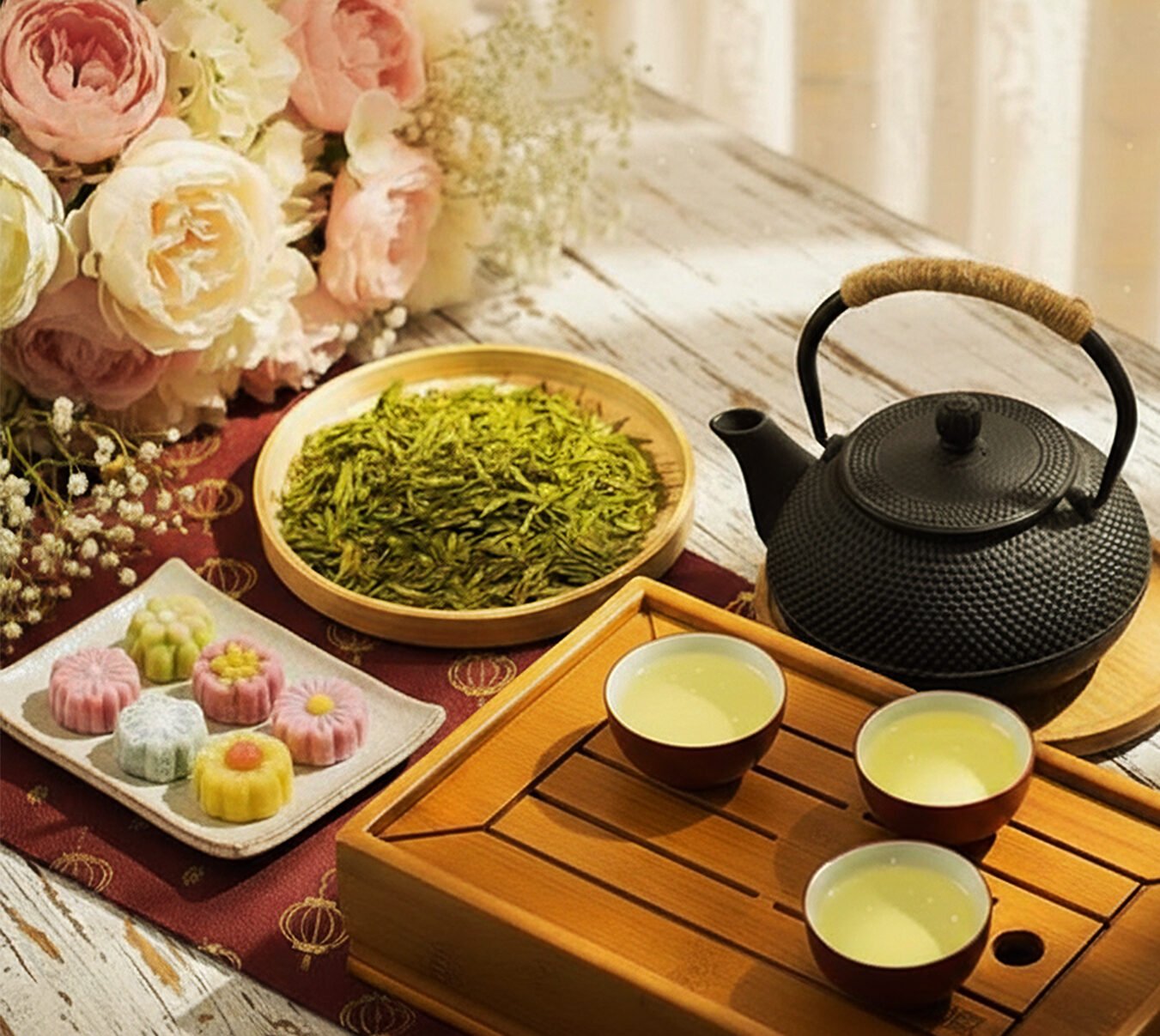 Tea set with green tea leaves, teapot, cups, floral mooncakes, and roses on a wooden table.