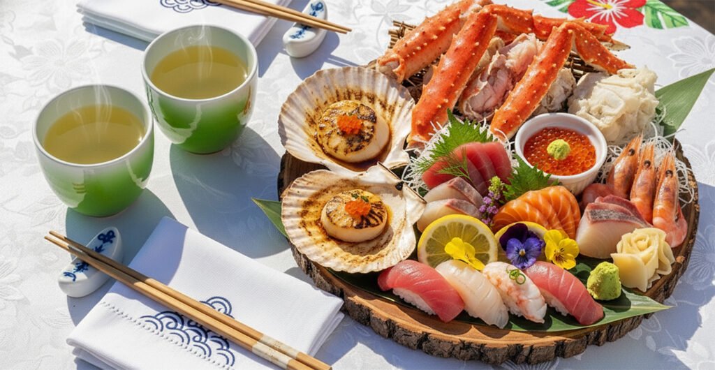 Assorted sushi platter with sashimi, crab legs, and scallops alongside two cups of green tea on a decorative table.