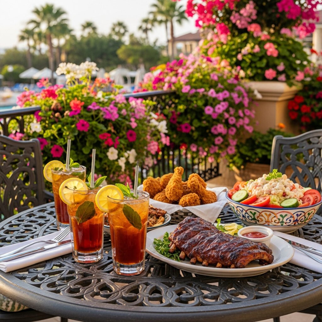 Outdoor table with iced tea, ribs, fried chicken, and salad against a vibrant floral backdrop and sunny atmosphere.