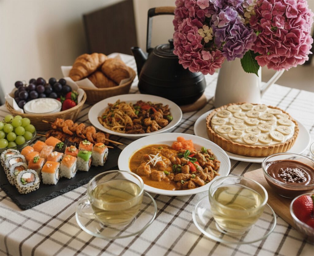 Assorted brunch spread with sushi, croissants, curry, banana pie, grapes, and tea set on a checkered tablecloth.