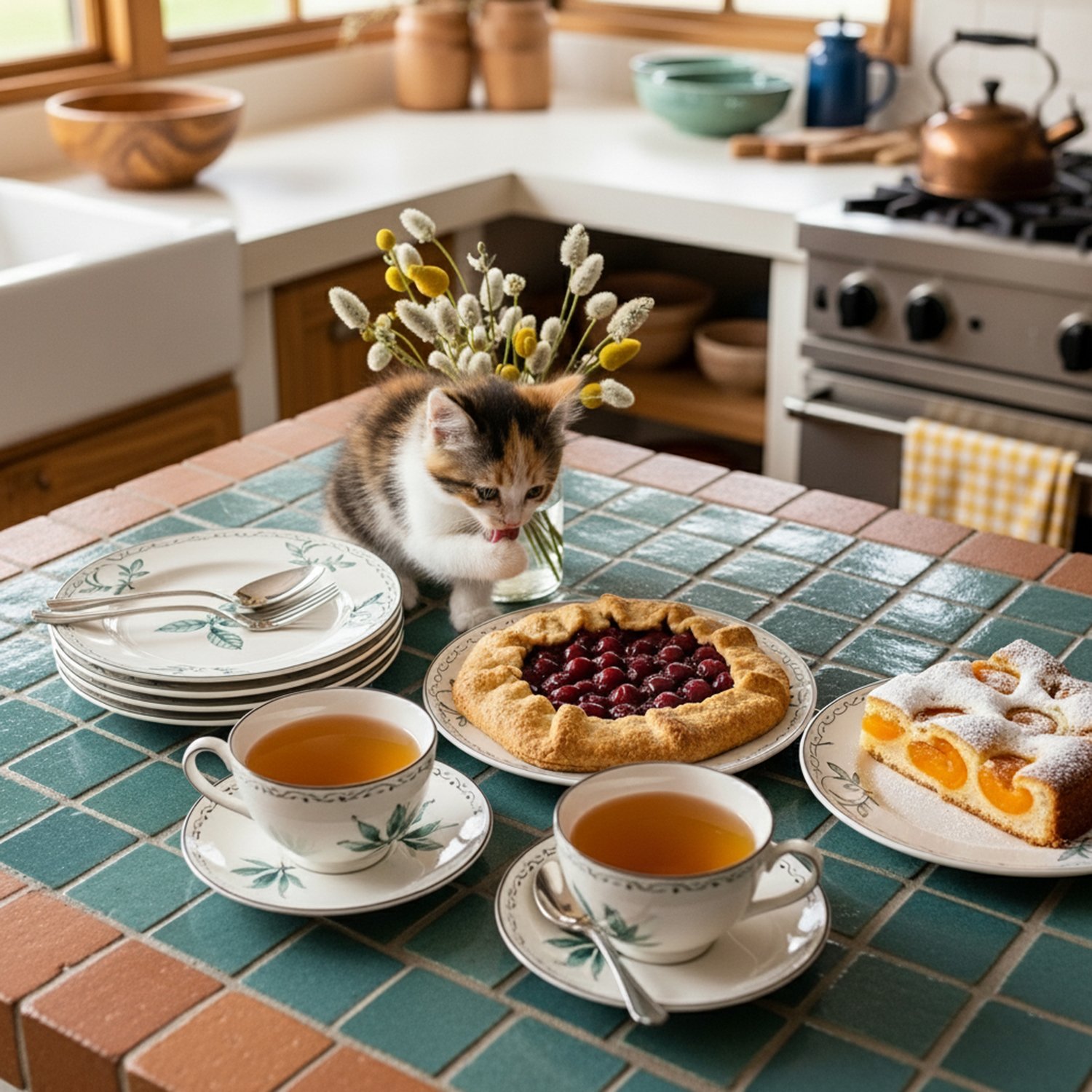 Kitten on kitchen counter with tea, cherry tart, and pastries in cozy breakfast scene.