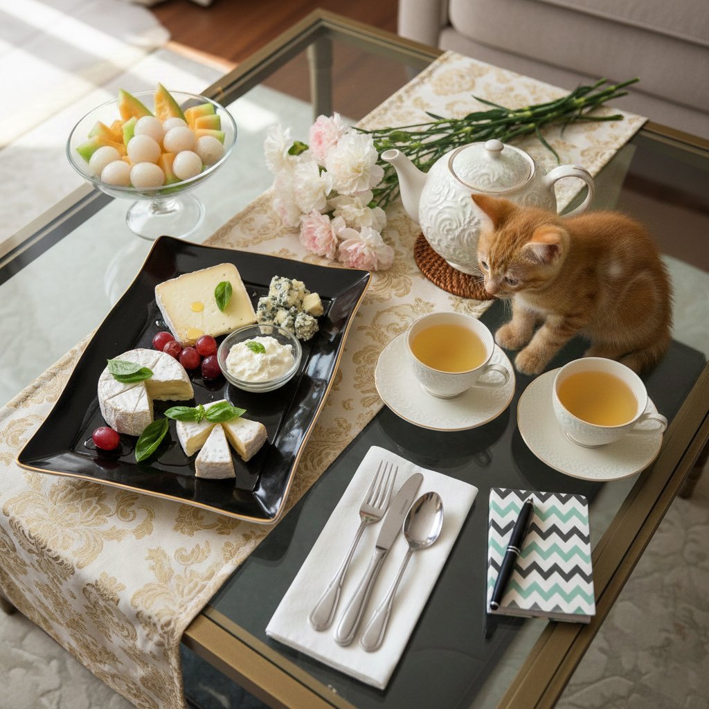 Cheese platter with tea, fruits, and a curious kitten on a table set for a cozy afternoon tea.
