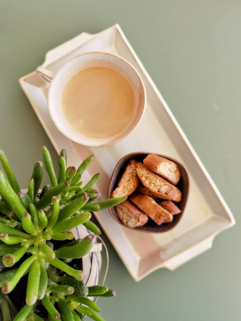 Cup of coffee with biscotti on a tray next to a green succulent plant on a light green table.