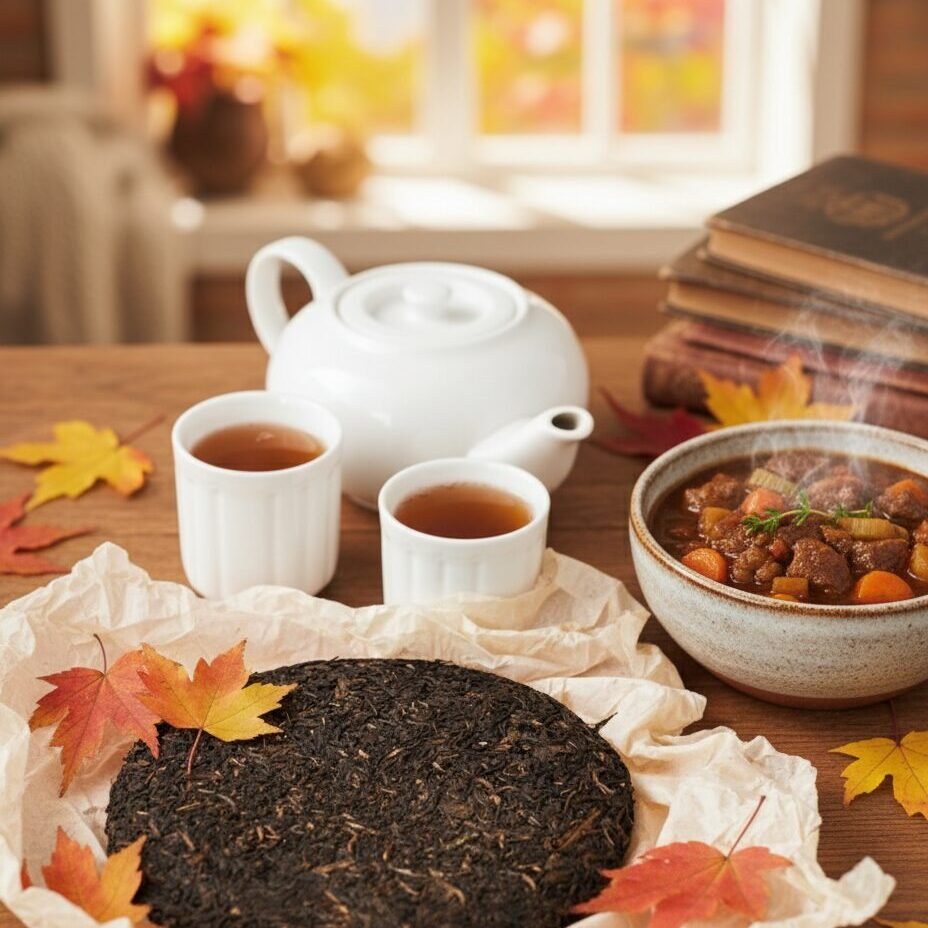 Autumn tea and meal setting with a teapot, two cups, pressed tea leaves, and hearty stew, surrounded by fall leaves.