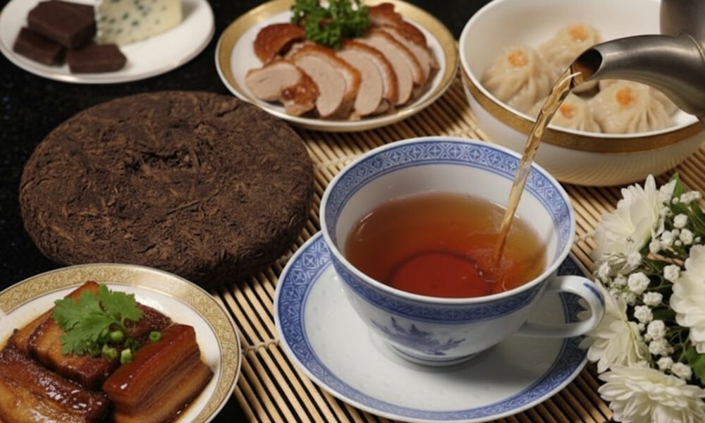 Traditional Chinese meal with tea, roasted duck, dumplings, pork belly, cheese, and chocolate on a bamboo mat.
