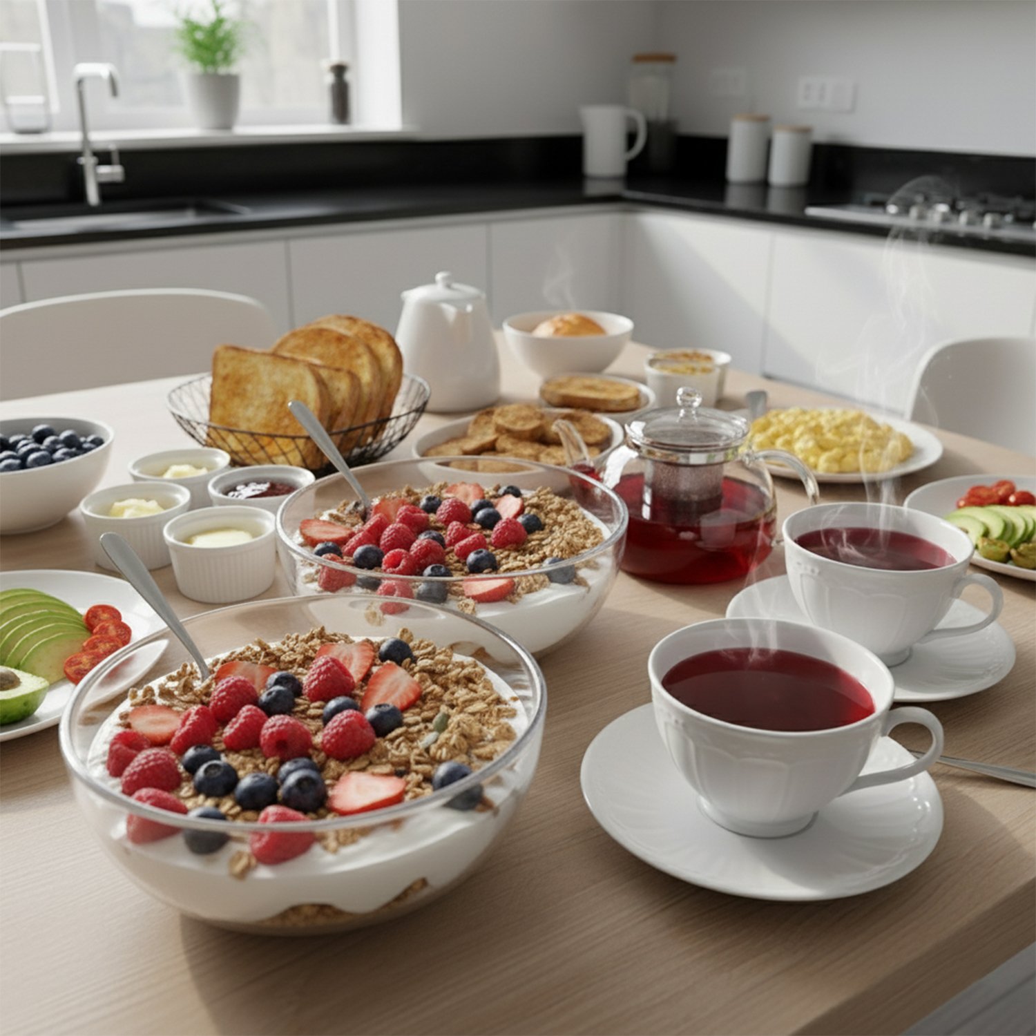 Breakfast spread with yogurt, granola, berries, toast, tea, and avocado in a modern kitchen setting.
