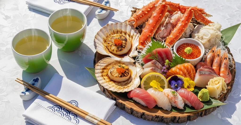 Assorted sushi and sashimi platter with green tea, featuring crab, scallops, tuna, and lemon garnish.